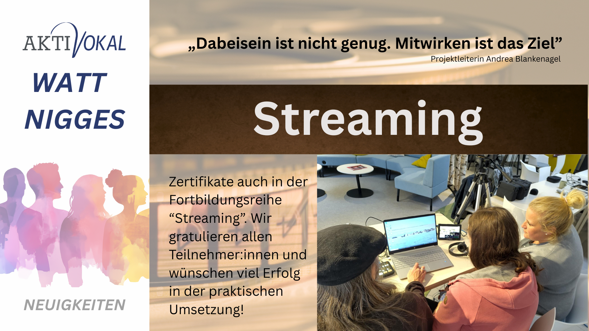 Grafik von AKTIVOKAL, auf der Teilnehmer der Fortbildungsreihe "Streaming" zu sehen sind.