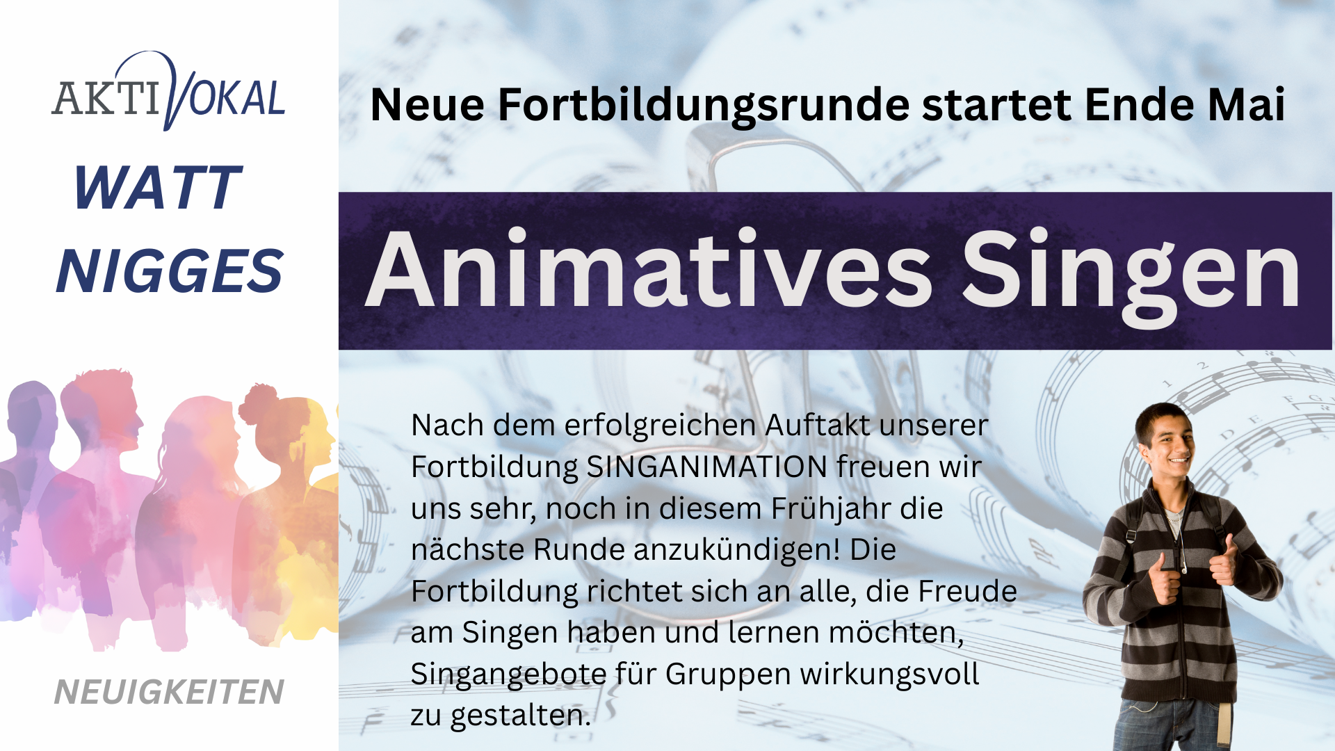 Grafik von AKTIVOKAL, mit einem Sänger auf dem Bild der auf die Fortbildung "Animatives Singen" hinweist