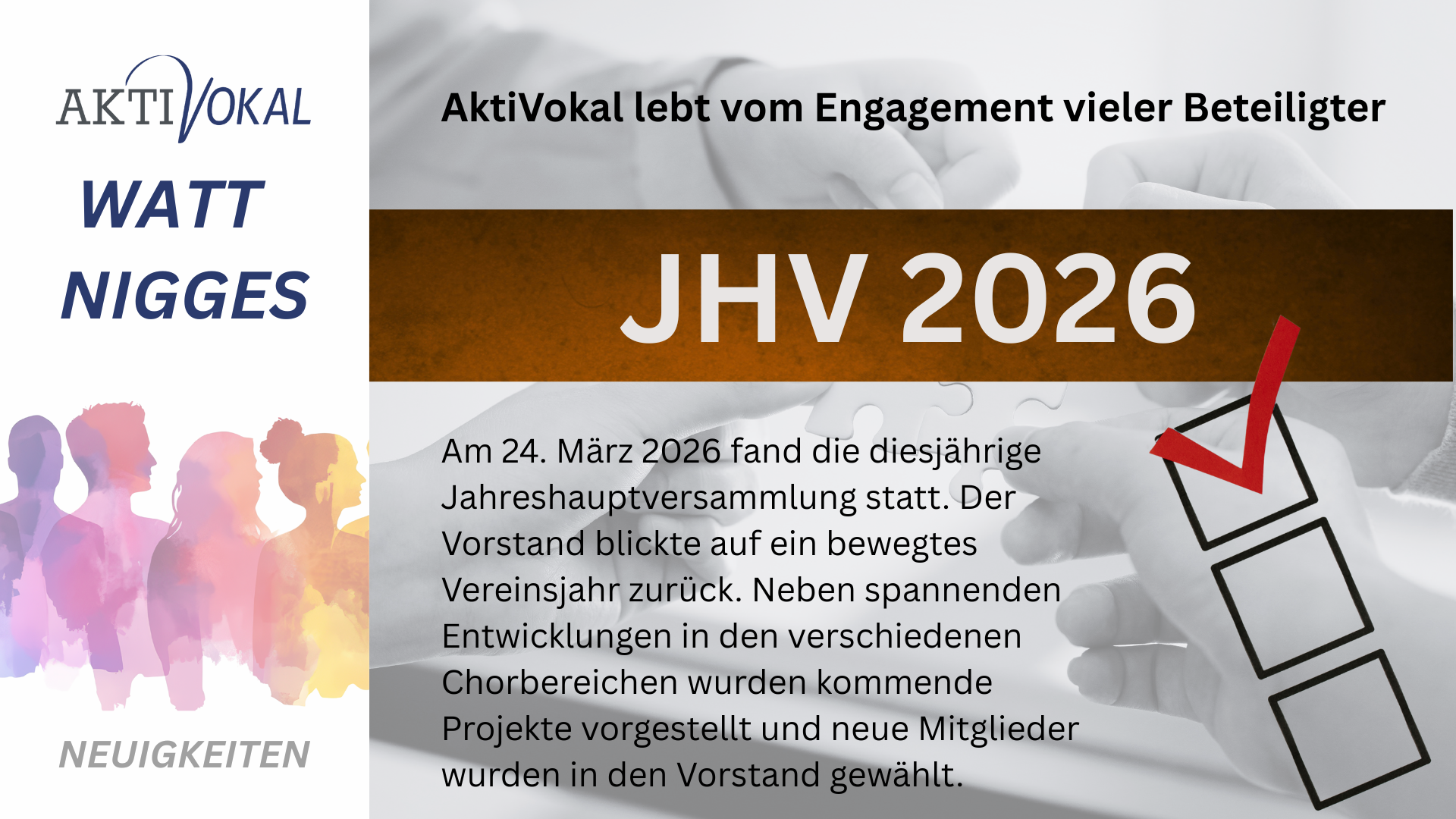 Grafik von AKTIVOKAL, mit Kinderhänden. Man macht auf die Jahreshauptversammlung 2026 aufmerksam.